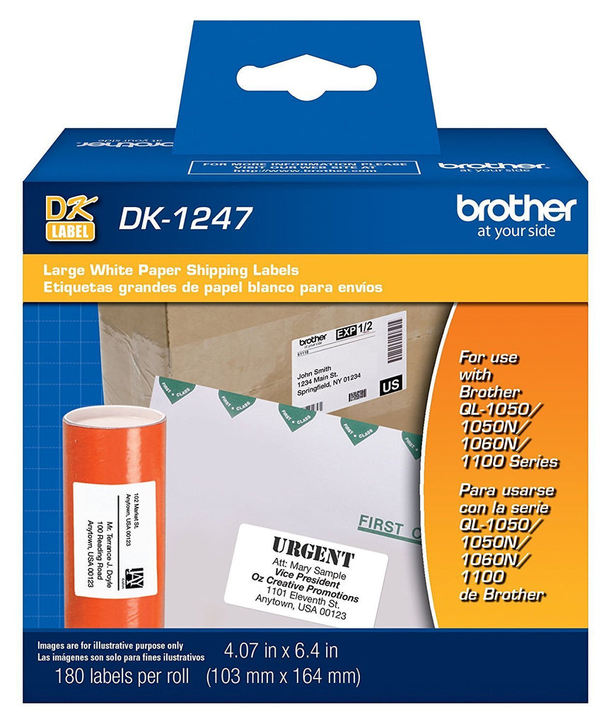 Brother Genuine DK-1247 Die-cut Large Shipping White Paper Labels for Brother QL Label Printers - 180 Labels per Roll 4.07" x 6.4" (103mm x 164 mm)